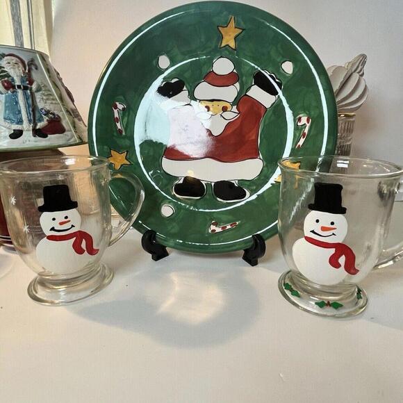 Gibson Christmas Santa Cookie Plate & Anchor Hocking Snowmen Cups Hostess Set - Picture 1 of 9